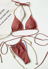Chain Detail Swimsuit Bikini Set Gold Chain Tie Straps Metallic - Dainty NYC
