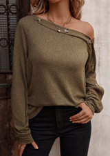 Off Shoulder Long Sleeve Button Accent Top - Dainty NYC