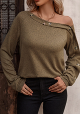 Off Shoulder Long Sleeve Button Accent Top - Dainty NYC