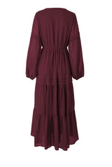 Boho Burgundy Maroon Bubble Sleeve Ruffle Dress - Dainty NYC