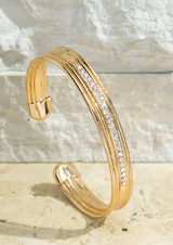 Pave Charm and Metal Textured Cuff Bracelet