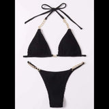 Classic Black Bikini Set Gold Chain Tie Straps - Dainty Jewelry NYC