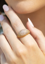 Show your unique style with this beautiful brass and glass dome ring. Pave crystals and a striking dome shape add a luminous, eye-catching look. Don't hold back—it's lead compliant and made for a perfect fit with size 7. Get ready to be showered with compliments, Darling!