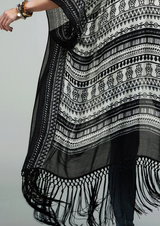 Dainty Black White Kimono Coverup With Delicate Tassel Fringe