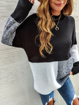 Long Sleeve Colorblock Knit Pullover Sweater Black, Gray, White - Dainty NYC