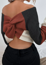 Off Shoulder Twist Back Colorblock Crop Top Sweater Fall Autumn - Dainty NYC