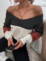 Off Shoulder Twist Back Colorblock Crop Top Sweater Fall Autumn - Dainty NYC