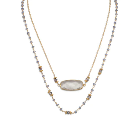 14 Karat Gold Plated Double Strand Tanzanite and Quartz Necklace - Dainty Jewelry NYC