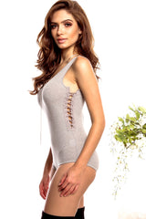 Gray Ribbed Bodysuit Side Lace Up - Dainty NYC