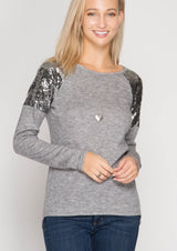 Long Sleeve Sequin Shoulder Top - Dainty Jewelry NYC