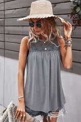 Boho Floral Embroidered Mesh Sheer Top Gray Comfy - Dainty Jewelry NYC
