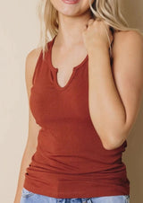 Split Neck Solid Rust Brown Ribbed Tank Top - Dainty NYC