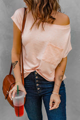 Off The Shoulder Pocket Tee Light Coral Light Pink - Dainty NYC