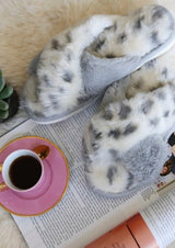 Fur Leopard Slippers Gray & White - Dainty Jewelry NYC