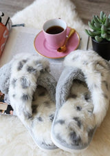 Fur Leopard Slippers Gray & White - Dainty Jewelry NYC