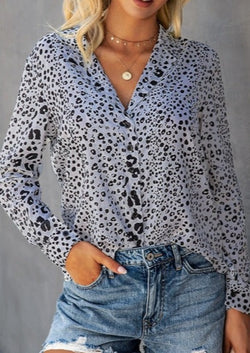 Gray Leopard Print Long Sleeve Blouse - Dainty NYC