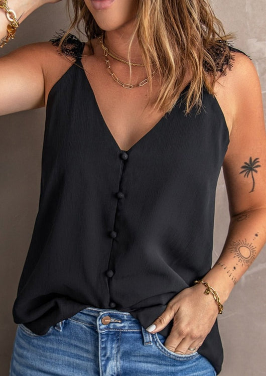 Dainty Lace Strap Front Button Tank Top - Dainty Jewelry NYC