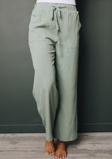 Sage Green Crepe Drawstring Waist Wide Leg Pants - Dainty NYC