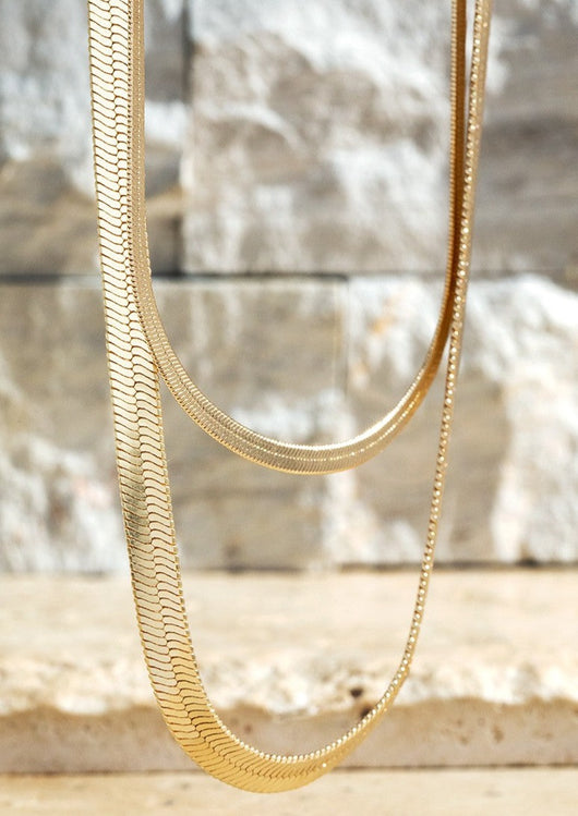 Layered Brass Herringbone Snake Chain Necklace - Dainty Jewelry NYC