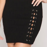 Black Ribbed Bodycon Dress Lace-Up Detail - Dainty Jewelry NYC