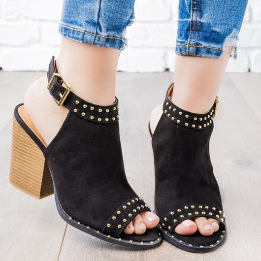 Studded Black Slingback Peep Toe Block Heels - Dainty Jewelry NYC