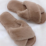 Faux Fur Cross Band Slippers - Dainty Jewelry NYC