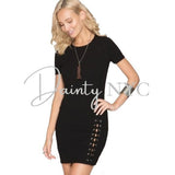 Black Ribbed Bodycon Dress Lace-Up Detail - Dainty Jewelry NYC