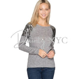 Long Sleeve Sequin Shoulder Top - Dainty Jewelry NYC