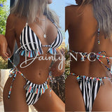 Boho Stripe Ruffle Fringe Spaghetti Strap Bikini - Dainty Jewelry NYC